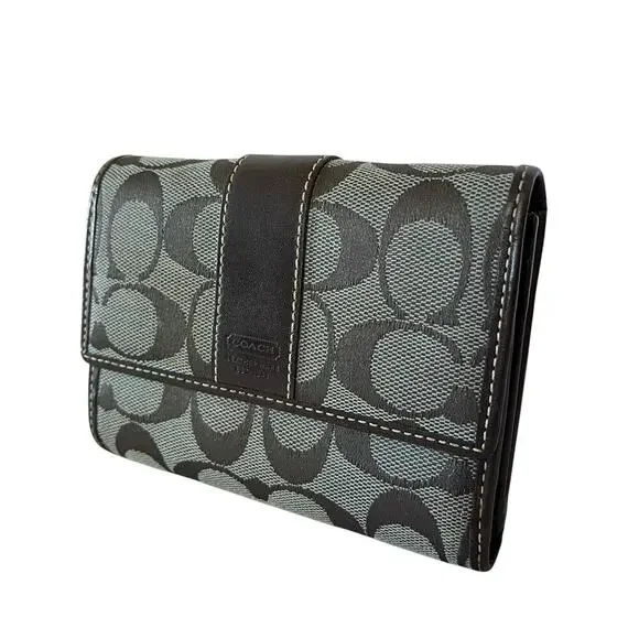 Coach Signature Gray Monogram Jacquard Brown Leather Trim Trifold Wallet Y2K - Picture 11 of 12